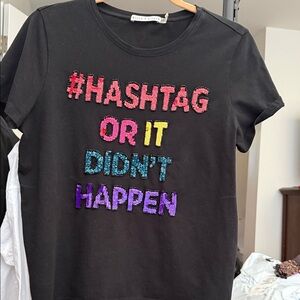 Alice + Olivia Black Short Sleeve Tee with Multicolor Sequin Slogan